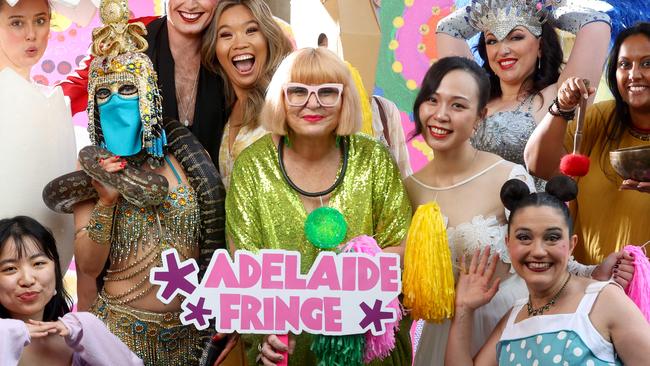 Adelaide Fringe CEO Heather Croall, centre, at the launch of the Adelaide Fringe 2022 program. Picture: Kelly Barnes