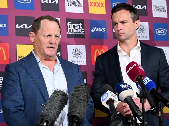 The Broncos have denied working behind Kevin Walters’ back to secure Michael Maguire. Picture: Bradley Kanaris/Getty Images