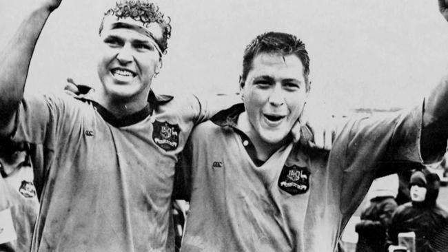 Wallabies Sam Scott-Young (left) and Phil Kearns celebrates after Australia beat the All Blacks in Wellington in 1990.