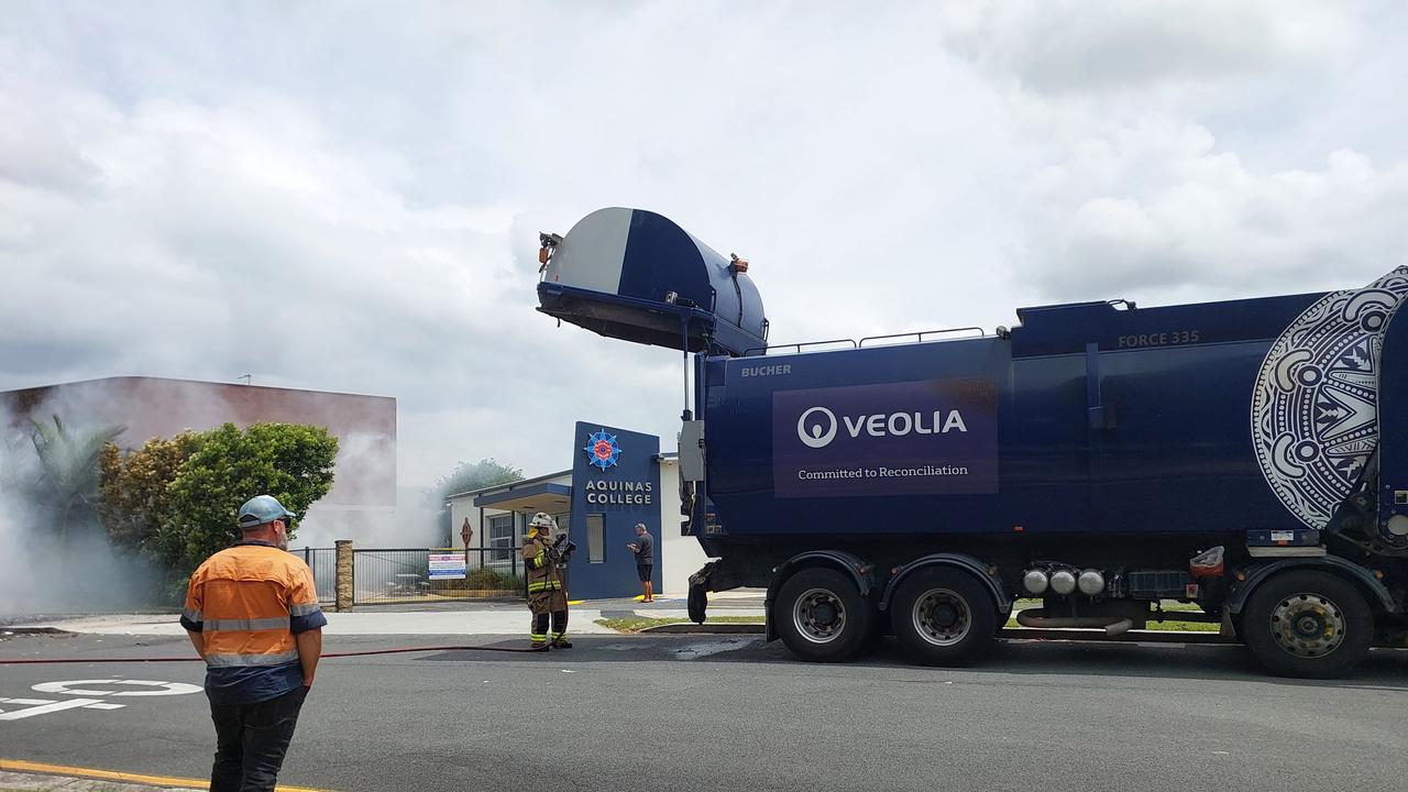 A rubbish truck was forced to dump its load after the wast burst into flames outside Aquinas College on Sunday, February 2, Picture: Dean McNicol