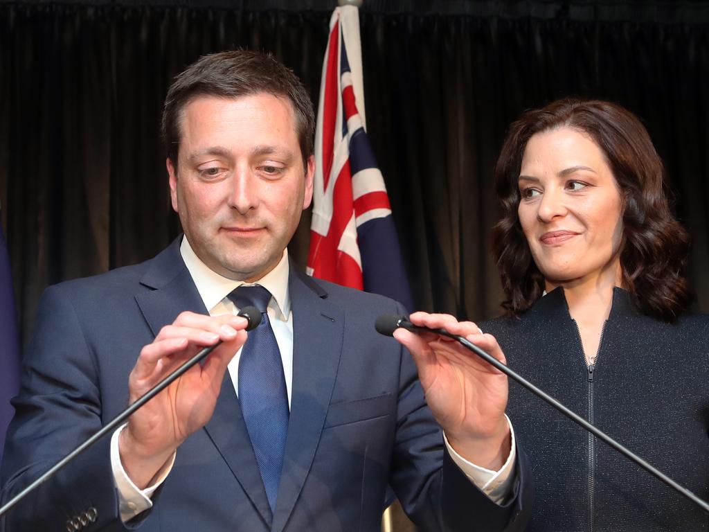 Victorian Liberal party leader Matthew Guy and wife Renae as he announced defeat. Picture: David Crosling/AAP