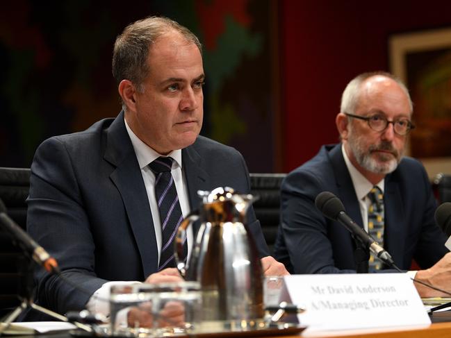 Australian Broadcasting Corporation Acting Managing Director David Anderson (left) and Editorial Director Alan Sunderland appear at a Senate Estimates into political interference in the ABC at NSW Parliament in Sydney, Wednesday, March 6, 2019. (AAP Image/Dan Himbrechts) NO ARCHIVING