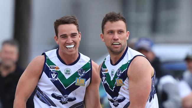 Football GFL: St Mary's v Colac St Mary's 14 Jarryd Garner kicks a goal and celebrates with 6 Jack Blood Picture: Mark Wilson