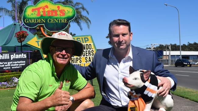 Tim’s Garden Centre owner Tim Pickles, Campbelltown State Labor MP Greg Warren and Pig pictured outside the Campbelltown business.