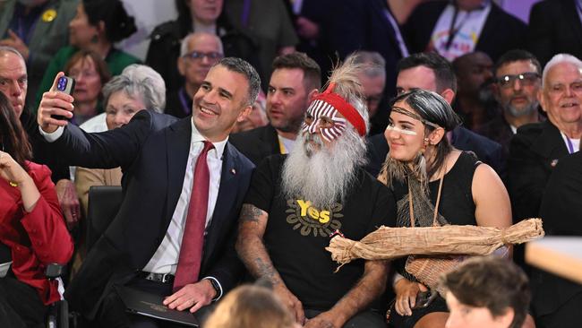 Premier Peter Malinauskas gets a selfie with Major "Moogy" Sumner and Jakirah Telfer at the Yes23 Campaign Launch in the northern Adelaide suburb of Elizabeth. Picture: Brenton Edwards