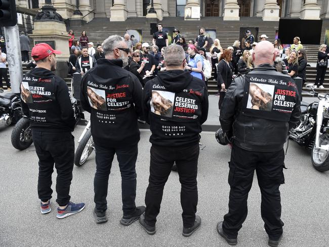 Protesters wore jackets and shirts that read “Celeste was failed” and “Celeste deserved justice”. Picture: NCA NewsWire / Andrew Henshaw