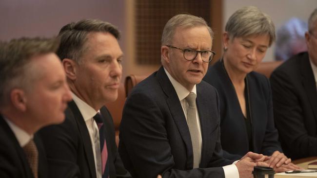 Chris Bowen, left, Richard Marles, Anthony Albanese and Penny Wong at Parliament House in Canberra on Wednesday. Picture: Andrew Taylor