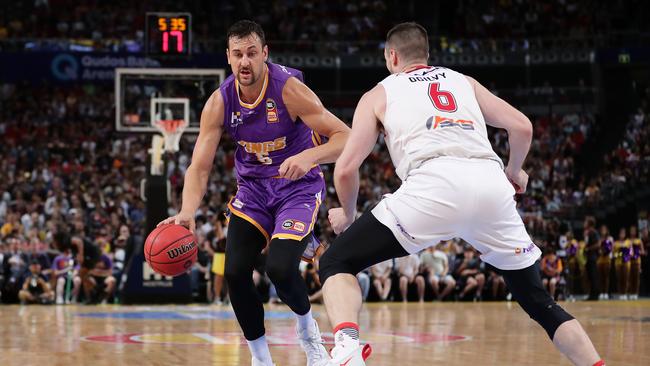 Andrew Bogut of the Kings drives to the basket at Qudos Bank Arena. Picture: Getty Images