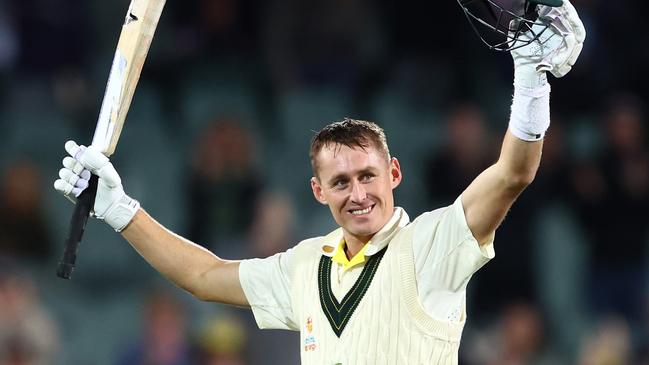 Marnus Labuschagne salutes the crowd after reaching his century. Picture: Chris Hyde/Getty Images