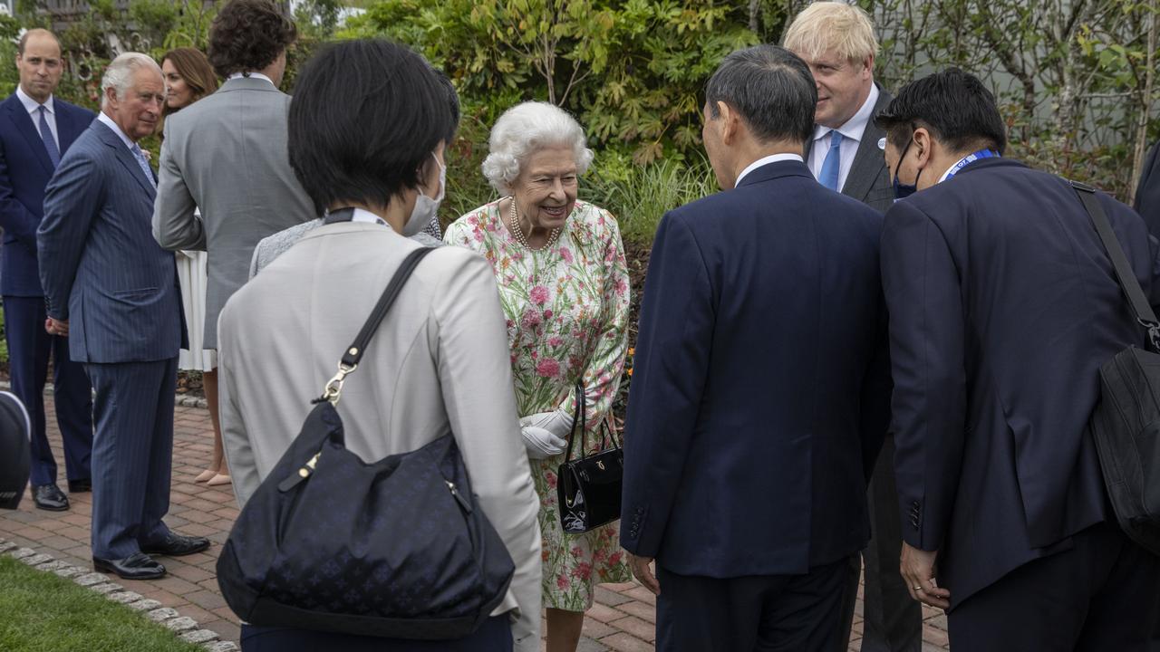 The Queen speaks to Japanese Prime Minister Yoshihide Suga who, astonishingly, has yet to do anything for which I can mock him. Picture: Jack Hill/Getty Images