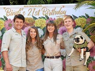 HAPPY BIRTHDAY: Cellarbrations at Australia Zoo as Bindi Irwin turns 21. Chandler Powell, Bindi, Terri and Robert Irwin. Picture: Patrick Woods