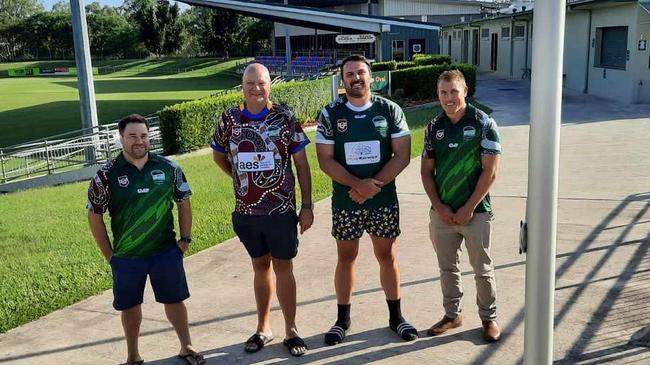 Preparing for the big game are (from left) Ipswich Indigenous All-Stars coach Ian Lacey, Rugby League Ipswich chairman Gary Parker, Ipswich All-Stars captain Zac Lemberg and All-Stars coach Scott Ireland. Picture: David Lems