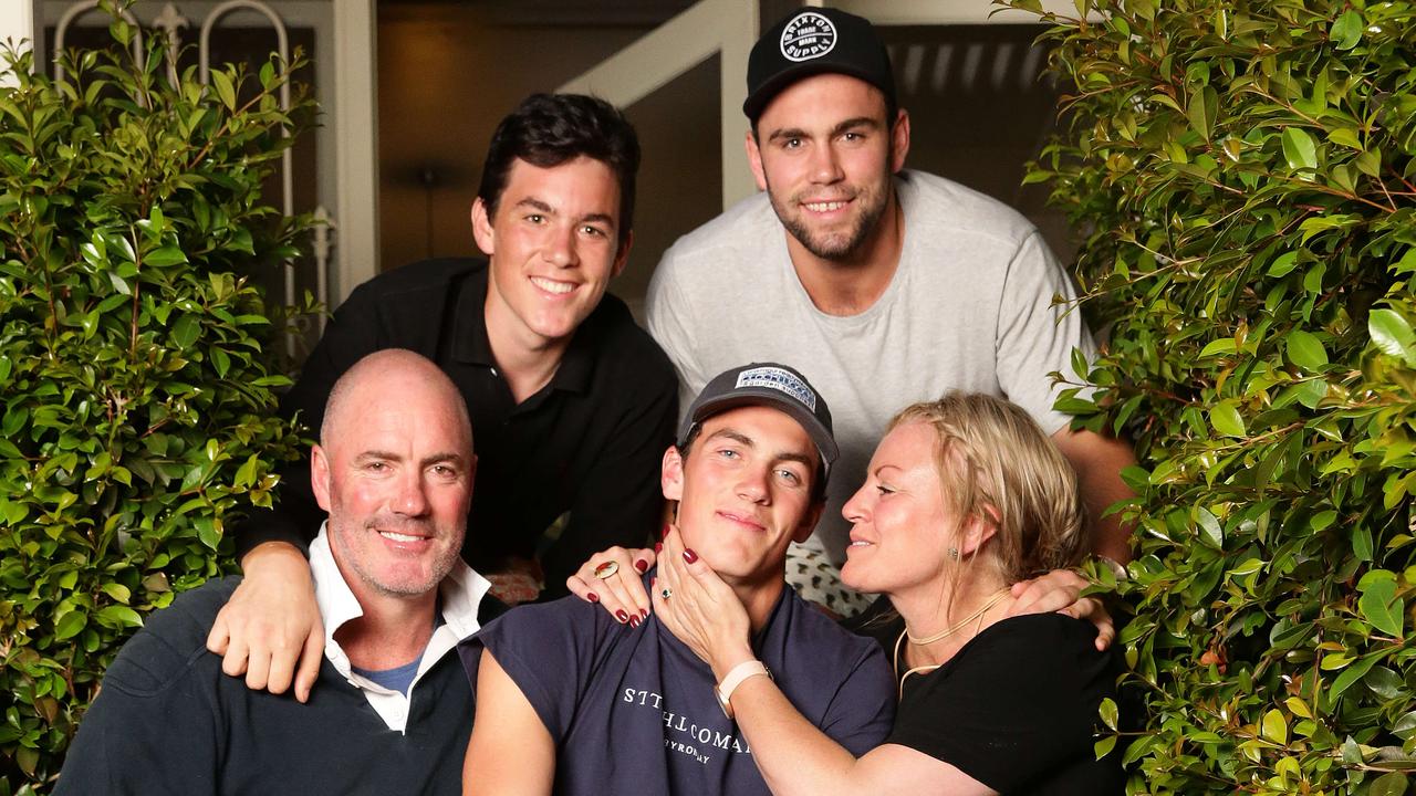 Tom McCartin (front, middle) with parents Matt and Jo and brothers Charlie (back, left) and Paddy when he was drafted to the Swans in 2017. Picture: Peter Ristevski