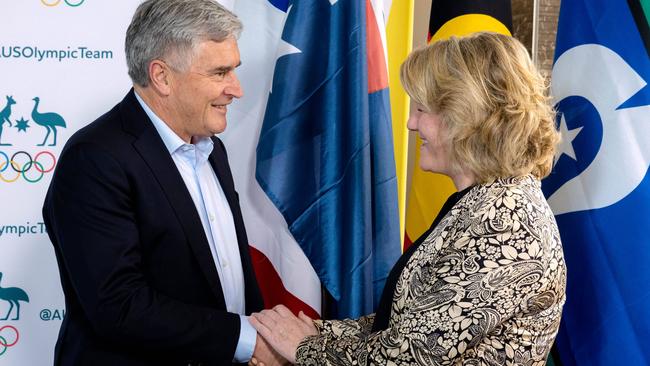 AOC president Ian Chesterman and Brigitte Henriques met in Brisbane on Saturday. Picture: Richard Walker