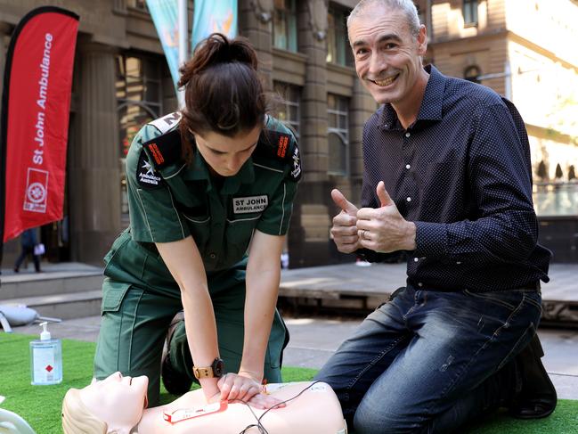 Daynah Nash from St Johns ambulance talks to the original Yellow Wiggle Greg Page at the St John Ambulance’s 2020 CPR Challenge in Sydney. Picture: Damian Shaw