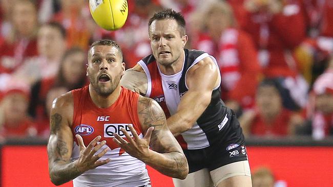 Swans superstar Lance Franklin marks in front of Nathan Brown. Picture: Michael Klein