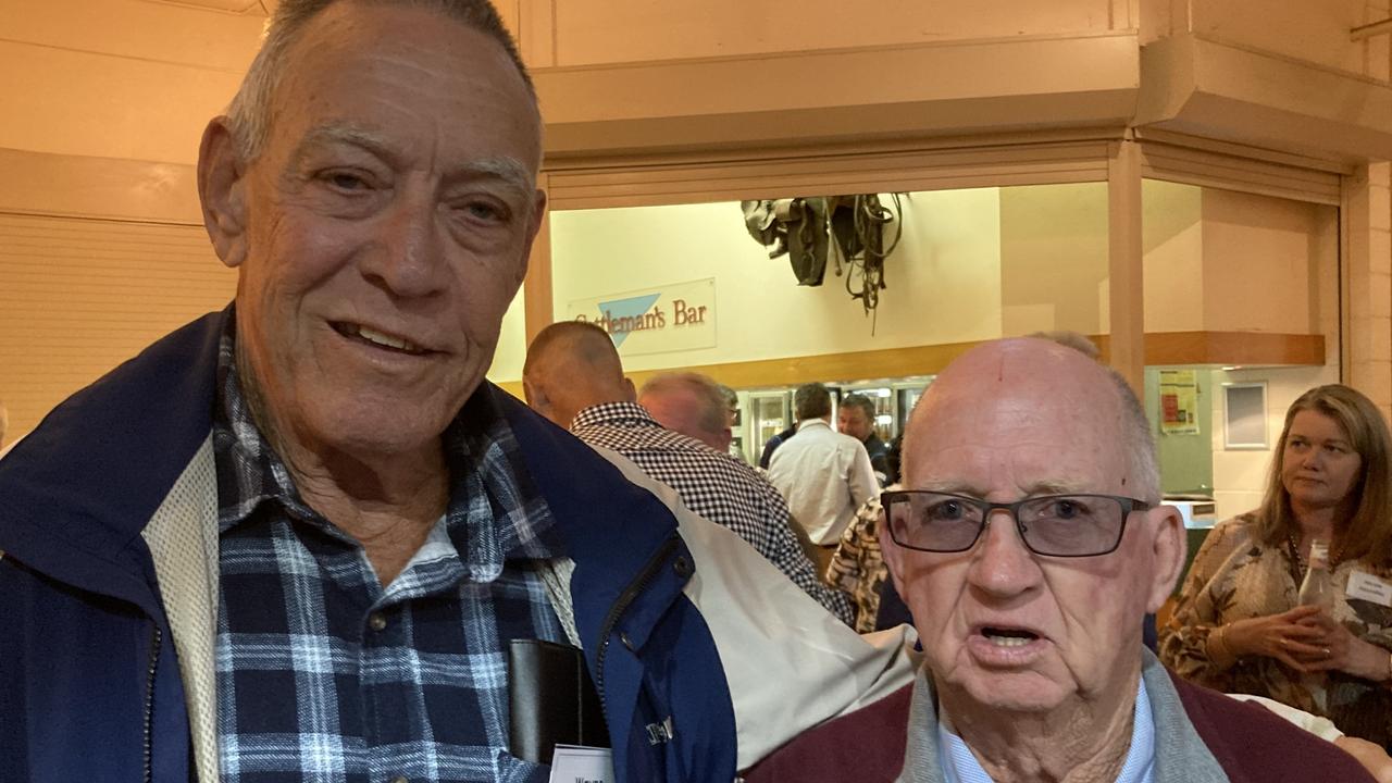 Wayne Prentis and John Turley celebrate the 50th anniversary of the Rainbows Rugby League Football Club at its golden jubilee at the Gympie Showgrounds Pavilion on the night of June 3, 2023.