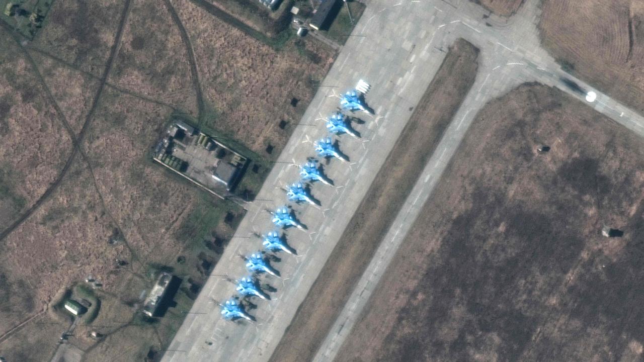 SU-34 fighters at an air base in Krasnodar Krai, Russia on February 13, 2022. Picture: Maxar/AFP