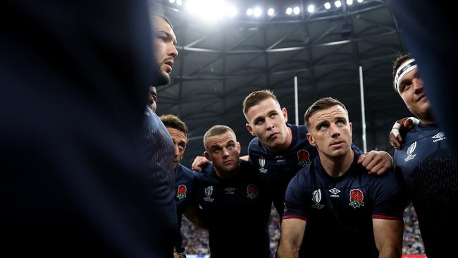 MARSEILLE, FRANCE - SEPTEMBER 09: The players of England form a huddle prior to during the Rugby World Cup France 2023 match between England and Argentina at Stade Velodrome on September 09, 2023 in Marseille, France. (Photo by Michael Steele - World Rugby/World Rugby via Getty Images)