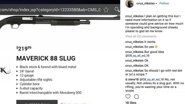 Images from Nikolas Cruz's Instagram account show his passion for guns and weapons. Picture: Instagram/cruz_nikolas