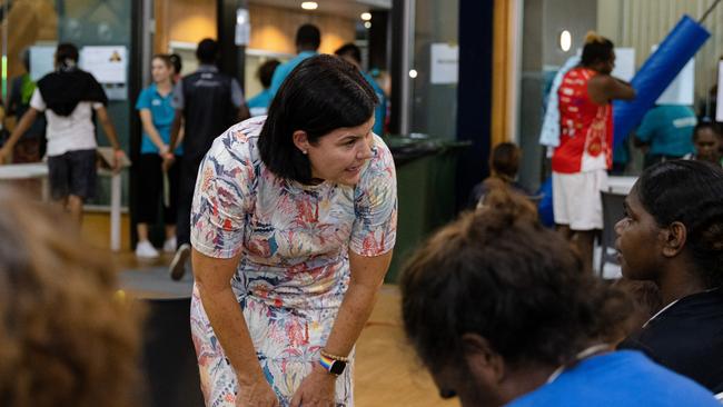 Chief Minister Natasha Fyles speaking to flood-impacted residents at the Howard Springs facility near Darwin. Picture: Pema Tamang