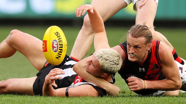 Mason Redman’s tackle on Jack Ginnivan. Picture: Mark Stewart