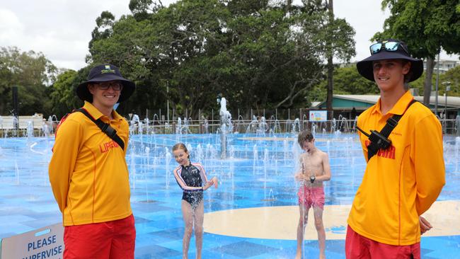 Lifeguards Steven Minnigel and Kade Raspor keep an eye on Isla and Ryder Cooper during their visit to WetSide Water Park.