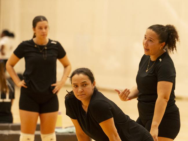 Action as the Ballina Tridents V the Seniorits in the Pan Pacific Masters Games Volletball tournament. Picture: Glenn Campbell