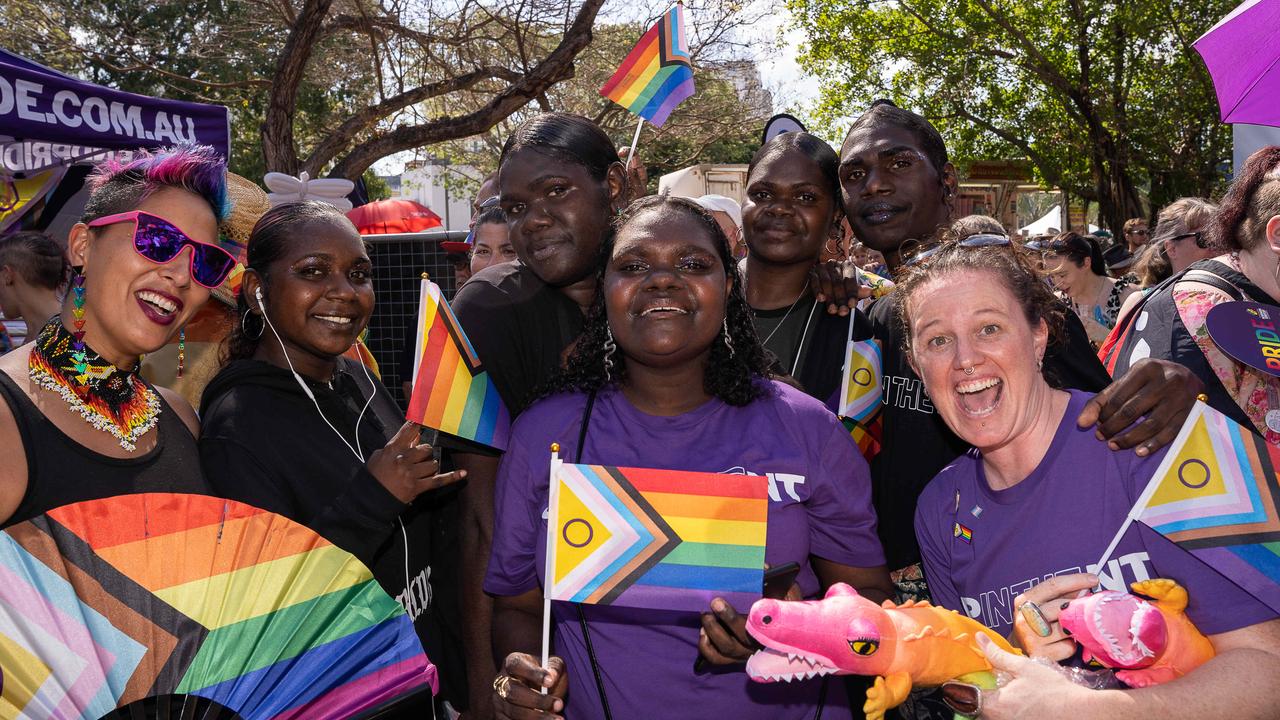 Janelle Da Silva, Shikayla Birrbuma Dhurrkay, Margaret, Mutuwili Garawirrtja , Meg Lloyd, Toramarika Garawirrtja, Mawulawuy Collins Conway Garawirrtja and Aaron Guwarruku Dhamarrandji at the Top End Pride March 2023. Picture: Pema Tamang Pakhrin