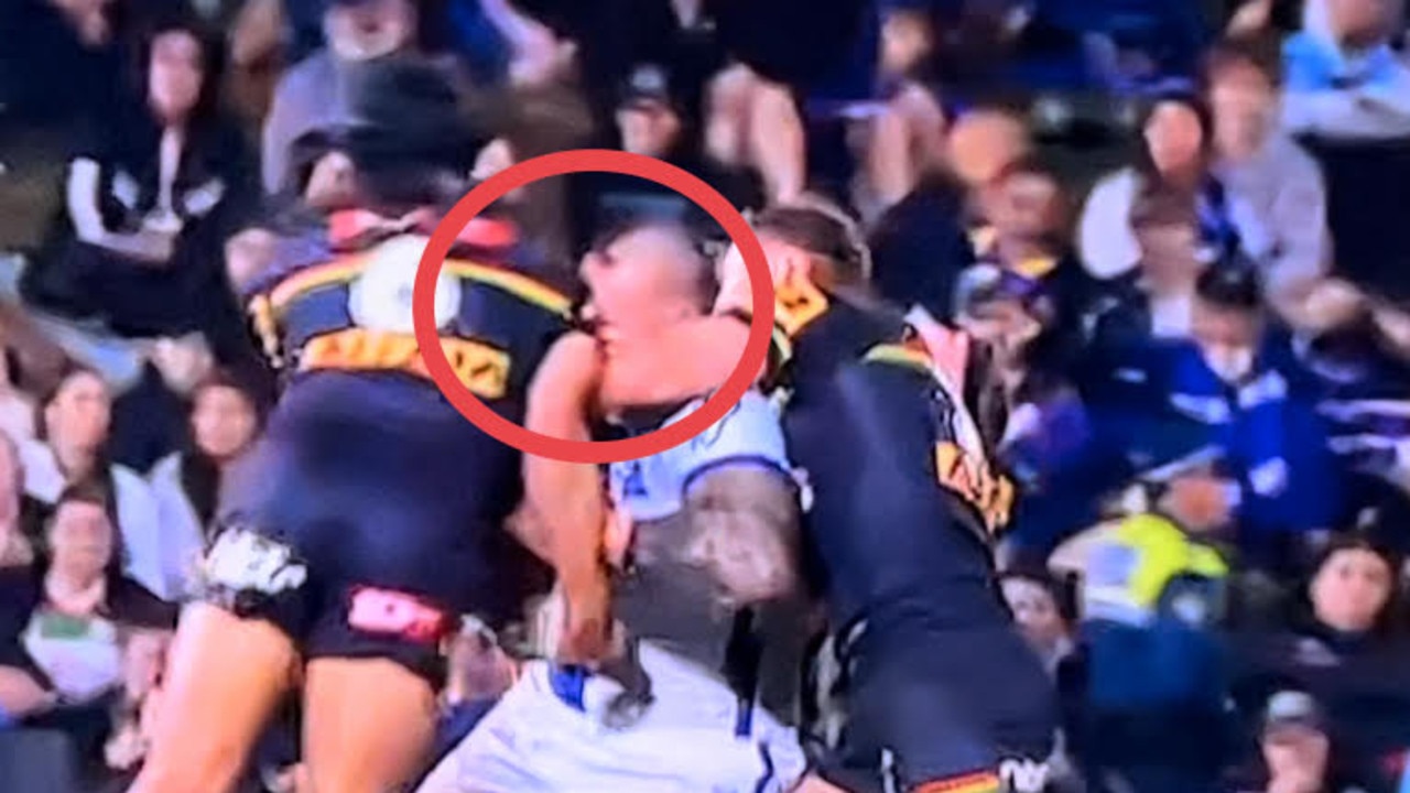 Penrith's Jarome Luai jumps to hit Nelson Asofa-Solomona – an action which was not deemed suspension-worthy by the NRL. Picture: Fox League