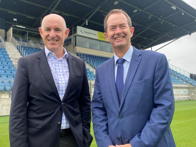 Federal Minister Stuart Robert and Fisher MP Andrew Wallace at Sunshine Coast Stadium.