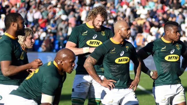 The Springboks react in dejection after their Rugby Championship match against Argentina.