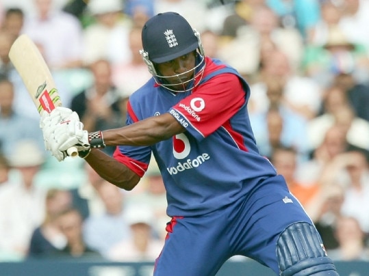 06/09/2007 WIRE: England's Dimitri Mascarenhas hits a six from a ball from India's Yuvraj Singh in the final over during the sixth one day international cricket match at the Oval, London, Wednesday Sept. 5, 2007. In the last over Mascarenhas hit fives sixes off India's Yuvraj Singh. (AP Photo/Tom Hevezi)