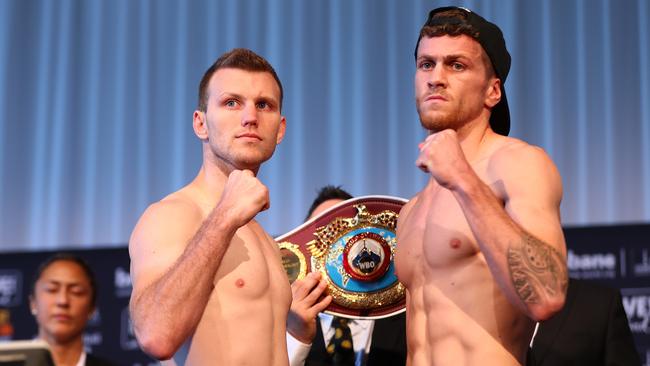 Jeff Horn and Gary Corcoran face off during the official weigh-in.