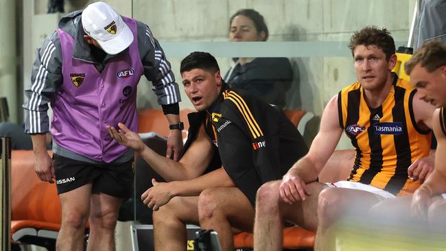 Patton on the bench with an injury during the Hawks’ clash with Collingwood in 2020. Picture: Phil Hillyard