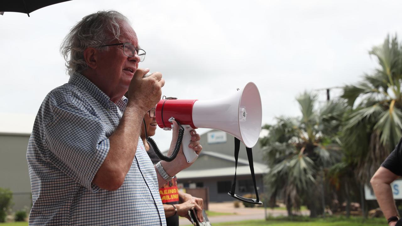 Royal Darwin Hospital pediatrician Dr Paul Bauert speaks outside Don Dale Detention Centre during an Invasion Day protest.