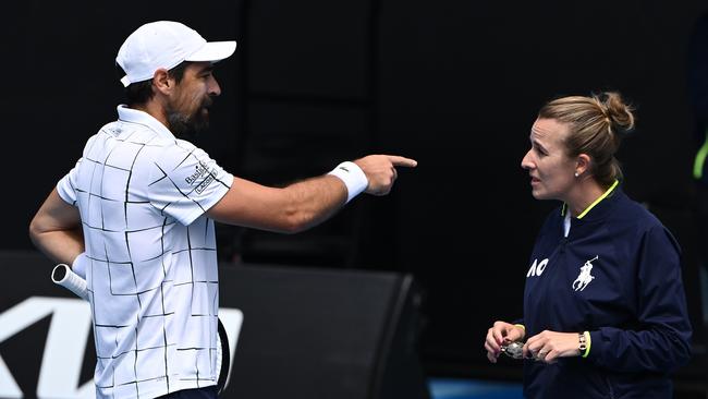 Jeremy Chardy gave chair umpire Miriam Bley a serve. Picture: Quinn Rooney/Getty Images)