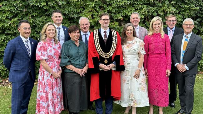 Toowoomba mayor Geoff McDonald with the 2024-2028 councillors outside City Hall.