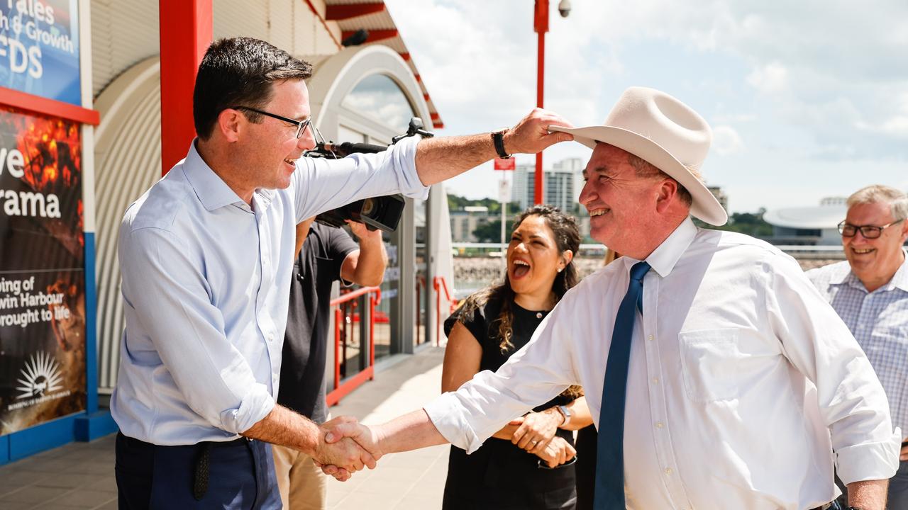 David Littleproud MP greets Deputy Prime Minister Barnaby Joyce and Jacinta Nampilinpa Price (Senate candidate for Northern Territory). Picture: Brad Hunter