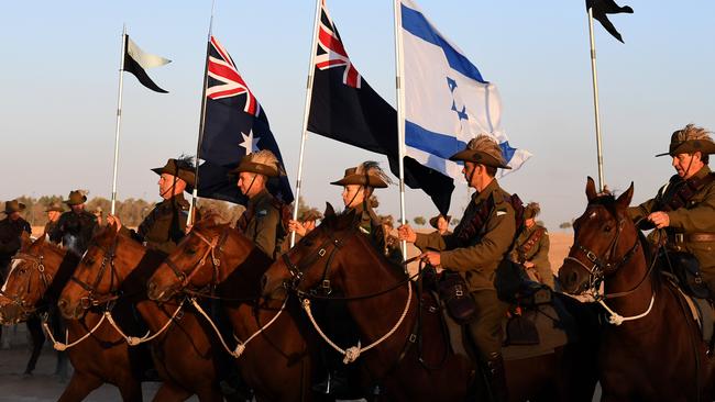 History enthusiasts, many of them descendants of soldiers who fought in the Australian Light Horse Brigade, take part in a re-enactment of the charge on Beersheba. Picture: AAP.