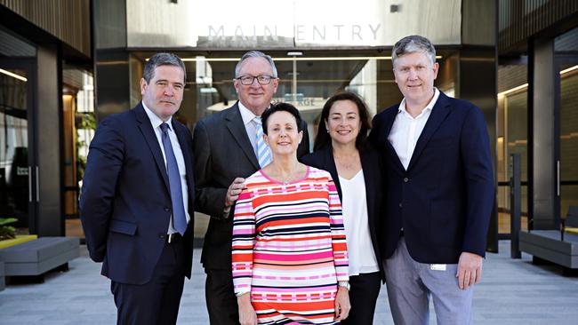 Healthscope managing director and CEO Gordon Ballantyne, MP Brad Hazzard, Northern Beaches Hospital CEO Deborah Latta, surgeon Stuart Pincott and medical director Louise Messara out the front of the new hospital. Picture: Adam Yip / Manly Daily