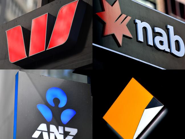 A composite image of signage of Australia's 'big four' banks ANZ, Westpac, the Commonwealth Bank (CBA) and the National Australia Bank (NAB) signage in Sydney, Saturday, May 5, 2018. (AAP Image/Joel Carrett) NO ARCHIVING