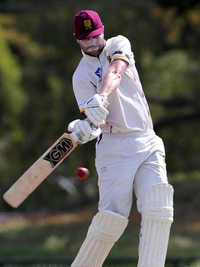 Coburg captain Zac Thorne drives during his innings on Saturday. 