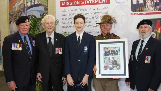 TXT4U: Anzac Premier's Award ceremony at Marymount College: (L-R) Brian Bertwhistle AM, Lionel Veale, Darcy Reynolds, Peter McLaughlin, Bob Clinch