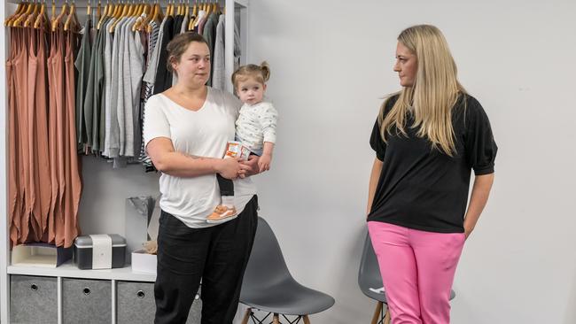 The Babes Project mum Mandy and baby Evelyn, with founder Helen Parker, sharing her story at the launch event.