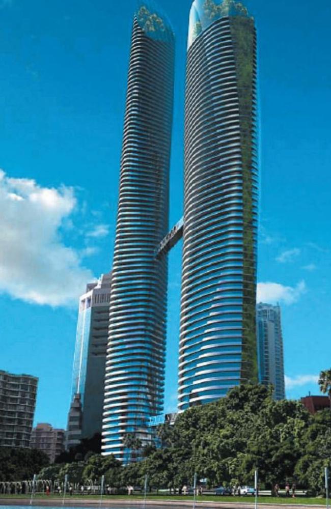 Artist impression of 2007-era proposal by Portberg Property for $850 million, 101-storey twin towers project on the Bruce Bishop Carpark site in Surfers Paradise on the Gold Coast