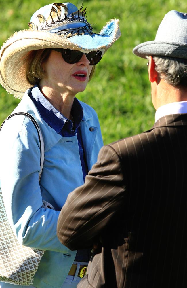 Trainer Gai Waterhouse chats with chief steward Ray Murrihy at Scone. Picture: Jenny Evans