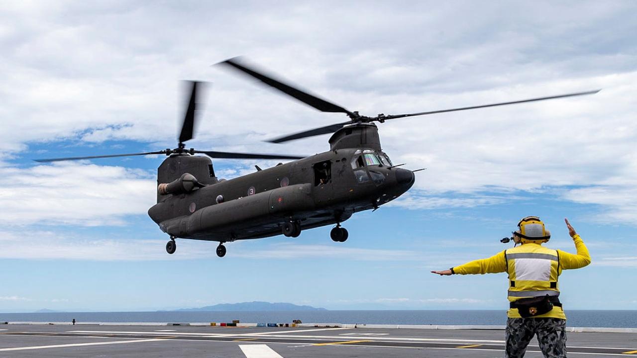 Republic of Singapore Air Force CH-47 Chinook Helicopter landing onboard HMAS Adelaide during Exercise Sea Wader 2020 off the coast of Townsville, Queensland. Picture: Defence Dept