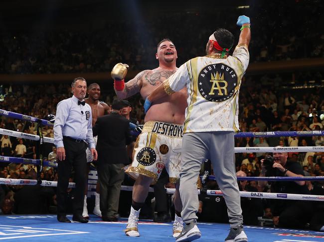 Andy Ruiz Jr celebrates his shock knock out of Anthony Joshua. Picture: Al Bello/Getty Images