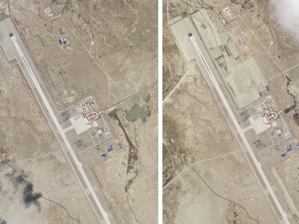 This combination of two satellite photos of an area near the border with India in far western region of Tibet in China show development around the airport. Picture: AP